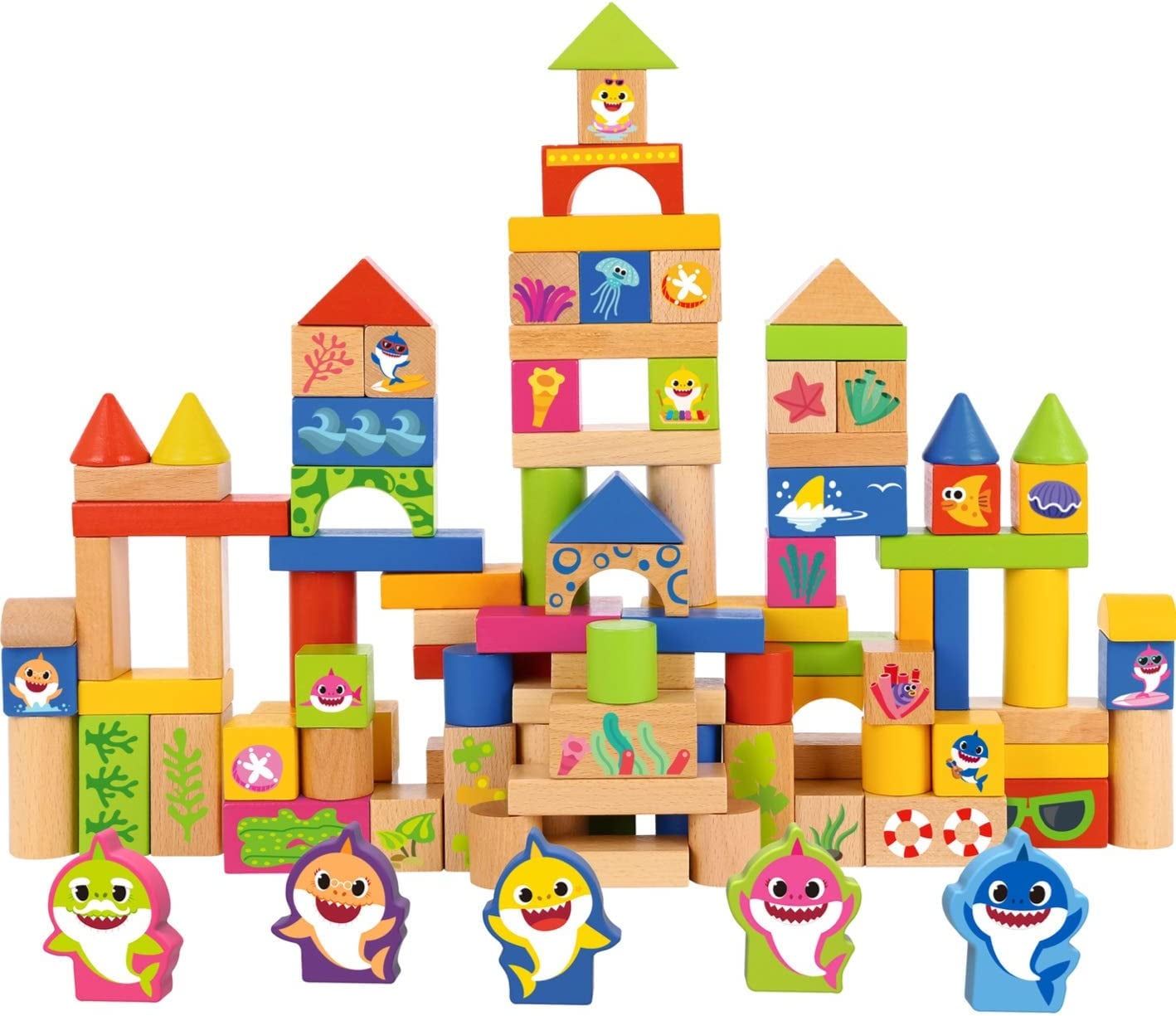 Pidoko Kids 100Pcs Container Storage Inclusive Baby Shark Wooden Blocks