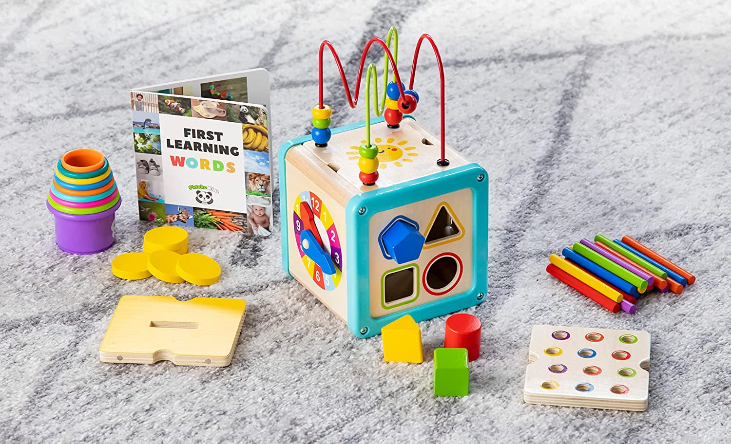 Pidoko Kids Montessori Toys Activity Cube - Gift Set Bundle for 1 Year Old with Book and Stacking Cups -