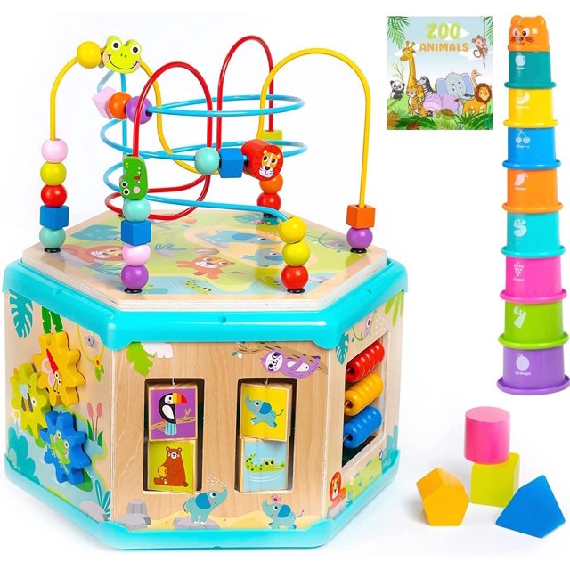 Pidoko Kids Wooden Activity STF9 Cube with 2 Tops Center Birthday