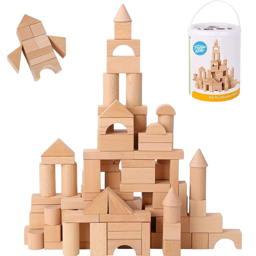 100 Pcs Natural Wood Building Blocks For Toddlers - Wooden Stacking Blocks, Preschool Learning Toys, Birthday Gift