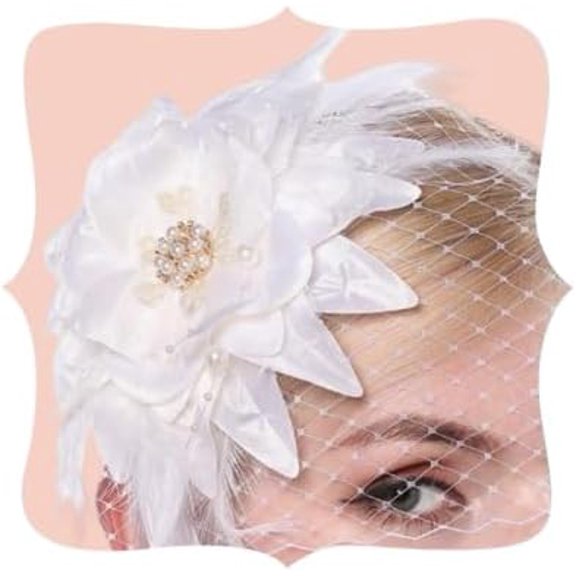 Pidzorl 1920s Flapper Feather Hair Clip with Birdcage Veil Flower Fascinator White Headpiece for Women
