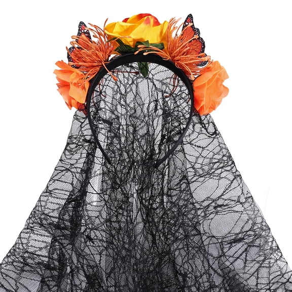 Pidzorl Black Gothic Veil Headband with Butterfly and Flower Crown, Spider Web Inspired Hair Accessory