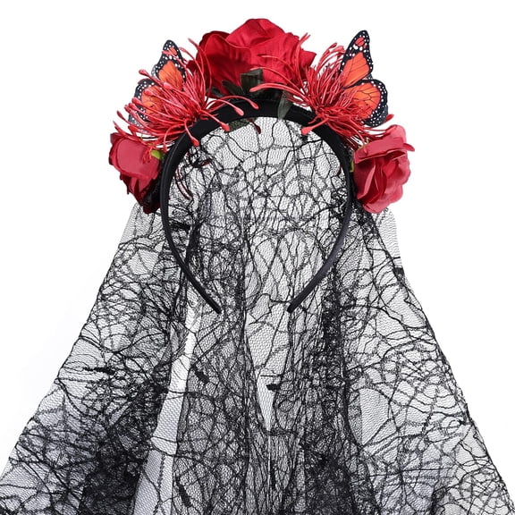 Pidzorl Black Gothic Veil Headband with Butterfly and Flower Crown, Spider Web Inspired Hair Accessory