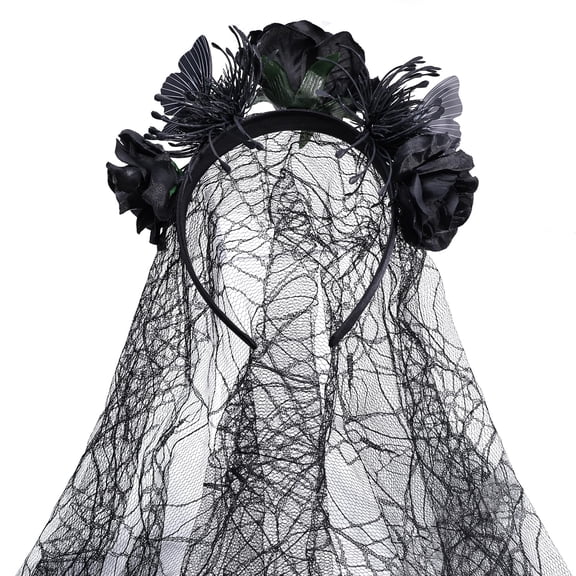 Pidzorl Black Gothic Veil Headband with Butterfly and Flower Crown, Spider Web Inspired Hair Accessory