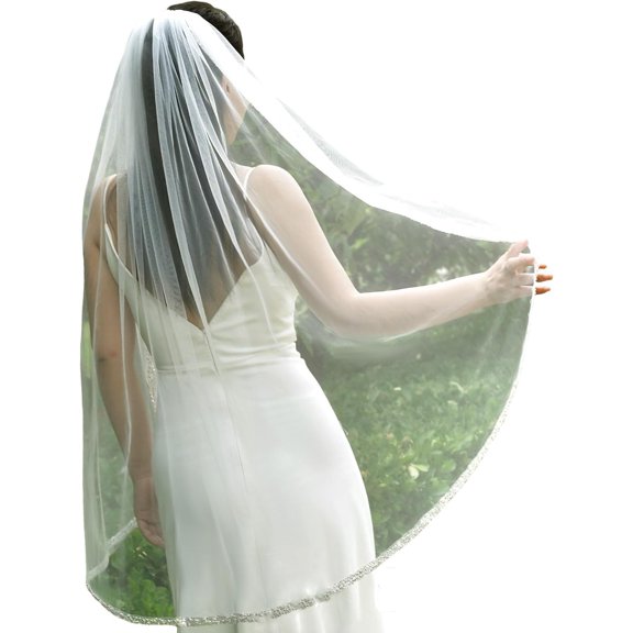 Pidzorl Glittering Wedding Veil Short Length for Bride Outdoor Indoor Ceremony Use with Easy Hair Comb Bridal, Cream