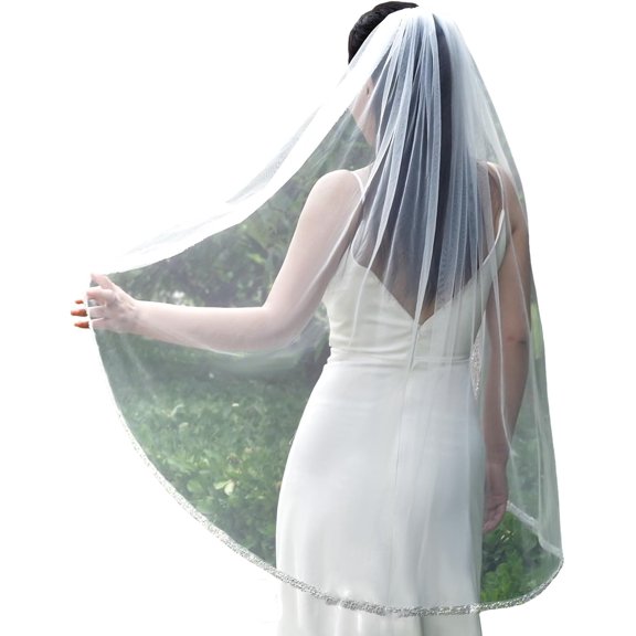 Pidzorl Glittering Wedding Veil Short Length for Bride Outdoor Indoor Ceremony Use with Easy Hair Comb Bridal, White