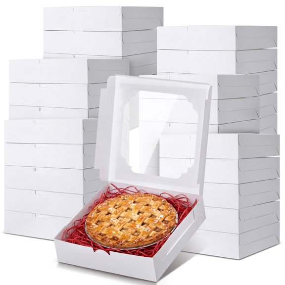 Pie Bakery Boxes with Clear Window, Square Clear Window Displays Treats, 2.5" Depth for Cheesecakes Muffins Donuts, Sturdy Cardboard Containers for Party Gifting