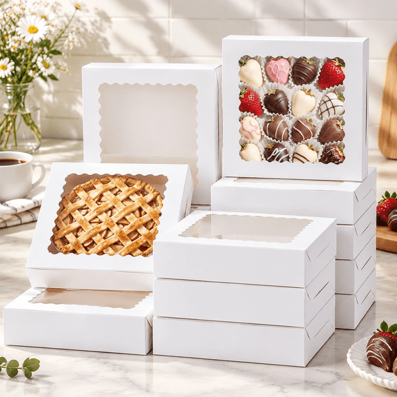 Pie Boxes with Window, Pack of 12, 10x10x2.5 Inches