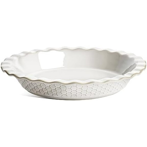 Pie Pans for Baking 9 Inch, Ceramic Pie Plate for Apple Pie, Round Baking Dish Oven Safe, Embossment Housewarming Wedding Present - 36 OZ, Set of 1, Honey Comb, Arctic White