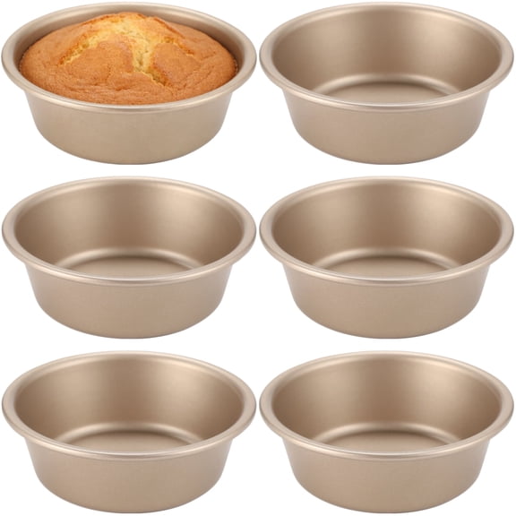 6 Pcs Mini Cake Pans, 4 Inch Gold Nonstick Carbon Steel Round Baking Pans, Air Fryer Jumbo Muffin Cupcake & Hamburger Molds, Multipurpose Oven Safe Bakeware for Home Kitchen Pastry Dessert Bread