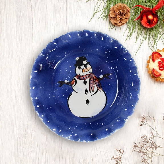 Pie Plate Snowman Blue Ceramic Plate Debra Kelly | Renovator's Supply