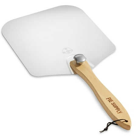 Pie Supply 12 inch x 14 inch Aluminum Pizza Peel with Foldable Wooden Handle for Homemade Pizzas and Baking Bread