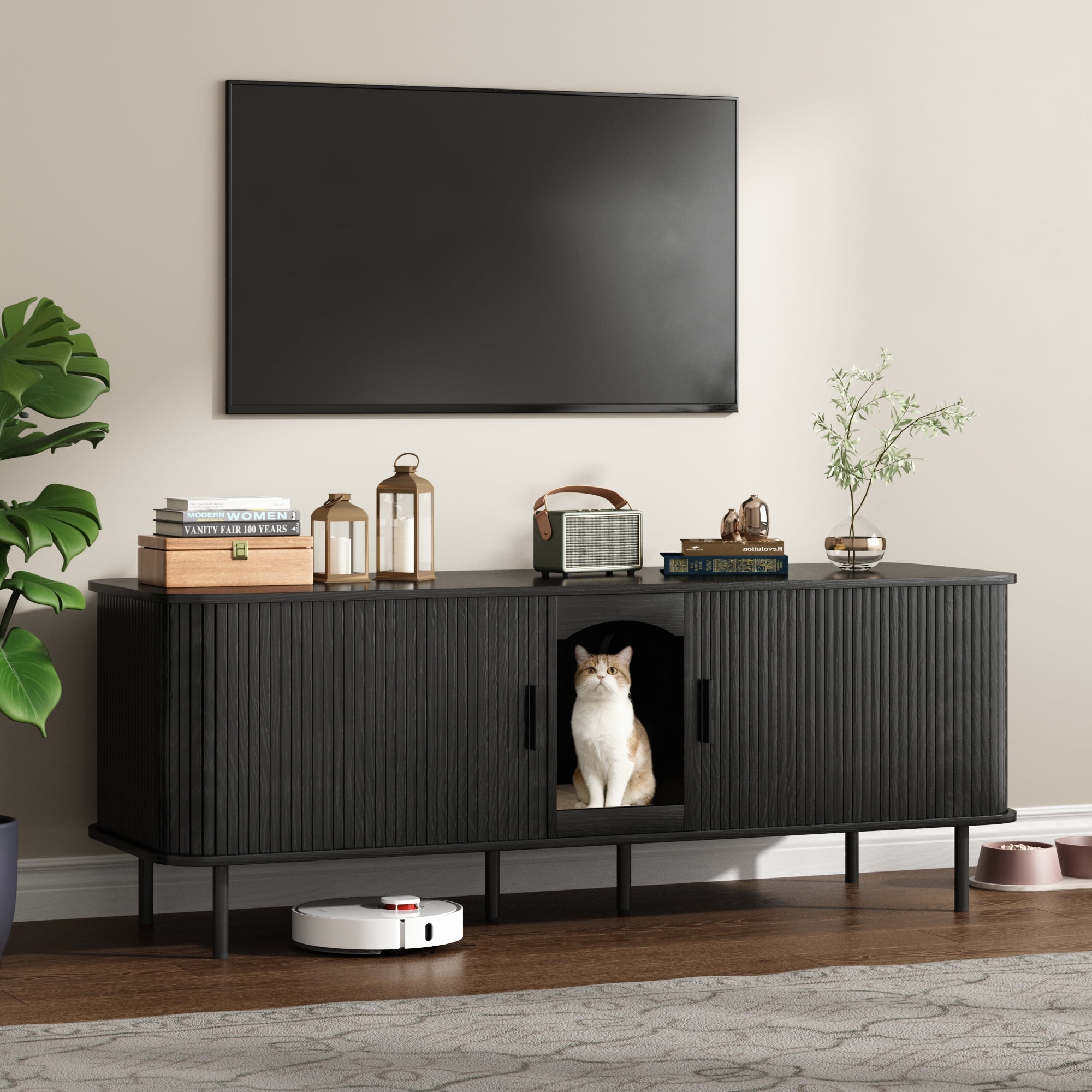 PieDle 59'' Large Cat Litter Box Enclosure with Sliding Tambour Door, Hidden Litter Box Furniture, Wood Cat Litter Box Cabinet with Cat Scratch Pad