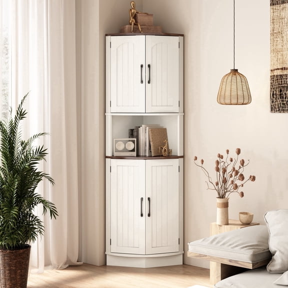 PieDle 65" Tall Corner Cabinet with 5 Tier Shelves and Rattan Doors, Bookcase Storage Cabinet for Bathroom, Living Room, Kitchen