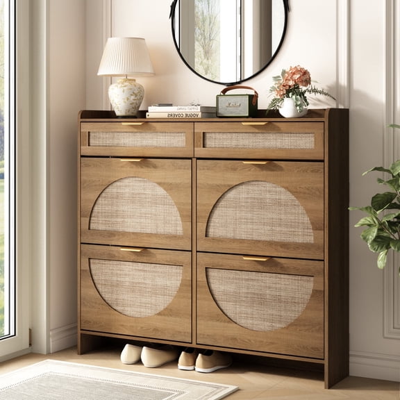 PieDle 47'' Rattan Narrow Shoe Storage Cabinet with 4 Flip Drawers & 2 Storage Drawer for Entryway Hallway, Natural
