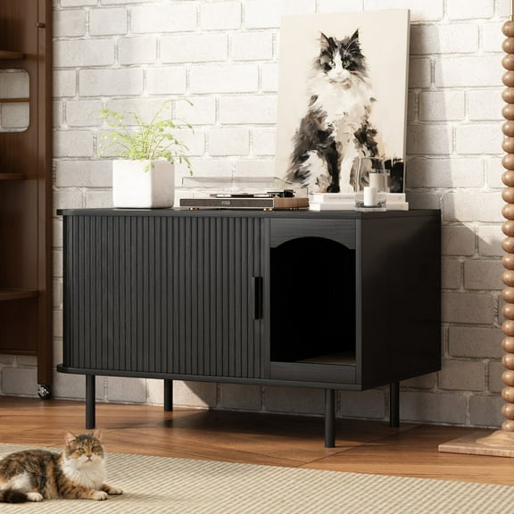 PieDle Cat Litter Box Enclosure with Sliding Tambour Door, Hidden Litter Box Furniture, Wood Cat Litter Box Cabinet with Cat Scratch Pad
