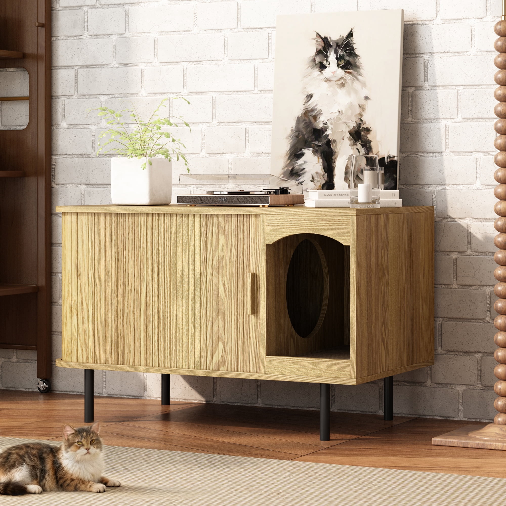 PieDle Cat Litter Box Enclosure with Sliding Tambour Door, Hidden ...