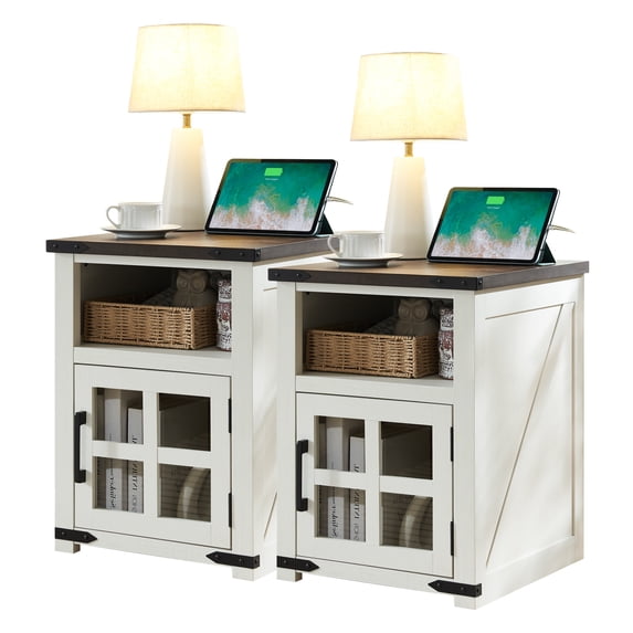 PieDle 24'' Squre End Table Set of 2,Modern Nightstand Sofa Table with Glass Door, Side Table for Living Room, Bedroom, White