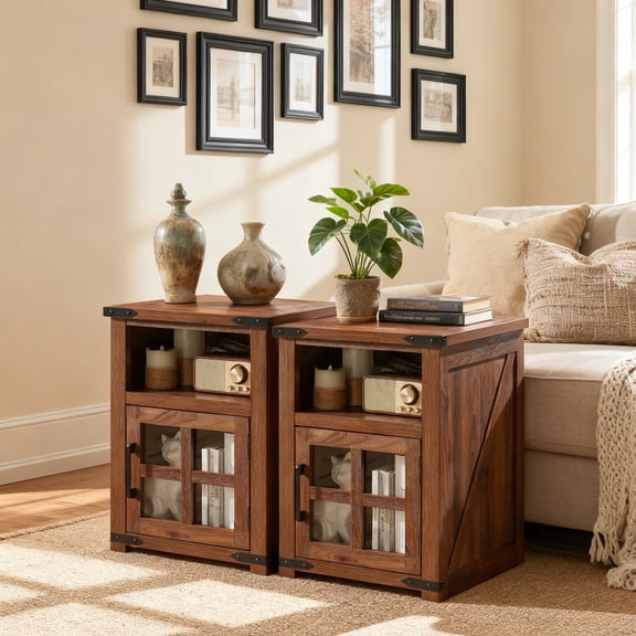 PieDle Charging Station End Table (Set of 2) with Built-In Outlets & USB Ports, Rustic Farmhouse Nightstand with Glass Door and Storage Shelf for Bedroom Living Room