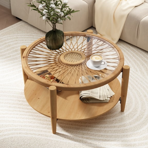 Rattan Wood Round Coffee Table with Glass Top, Boho Circle Center Table with Storage Shelf for Living Room , Easy Assembly