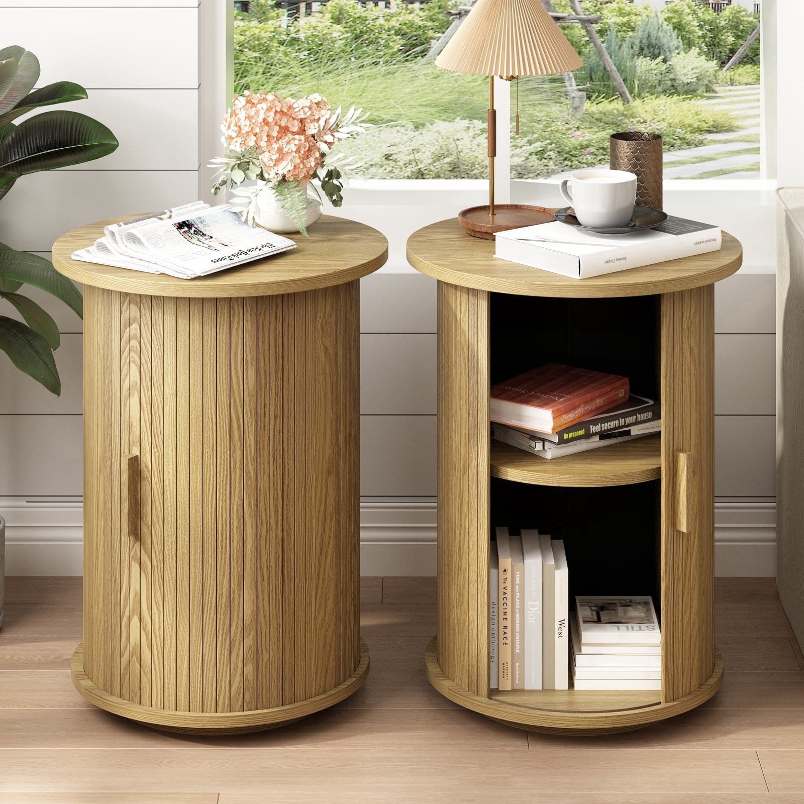 18'' Fluted Round End Tables with Sliding Door, Modern Side Table Nightstands for Living Room Bedroom,Natural