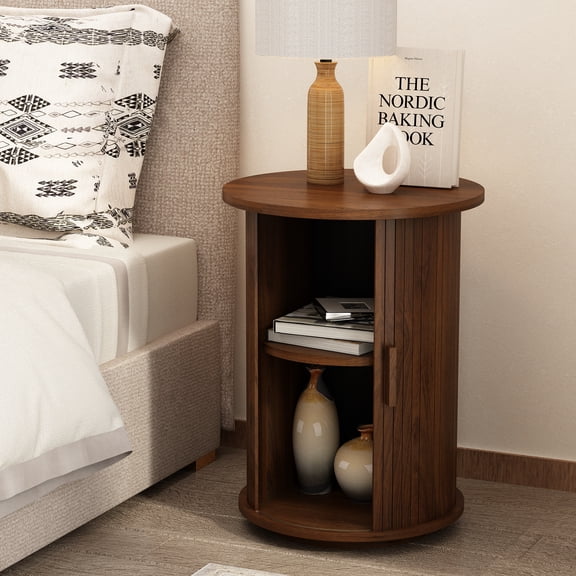 18'' Fluted Round End Tables with Sliding Door, Modern Side Table Nightstands for Living Room Bedroom, Walnut