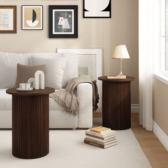 Round Side Table Set of 2, Modern Fluted End Table Nightstands, Sofa Accent Table for Living Room Bedroom, Walnut