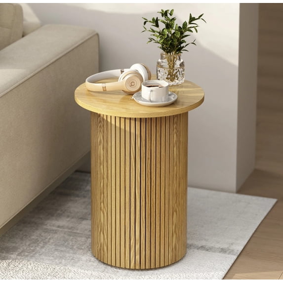 PieDle 17.5'' Wood Round Side Table, Fluted Wood Nightstand Bedside Sofa Table for Living Room Bedroom, Natural