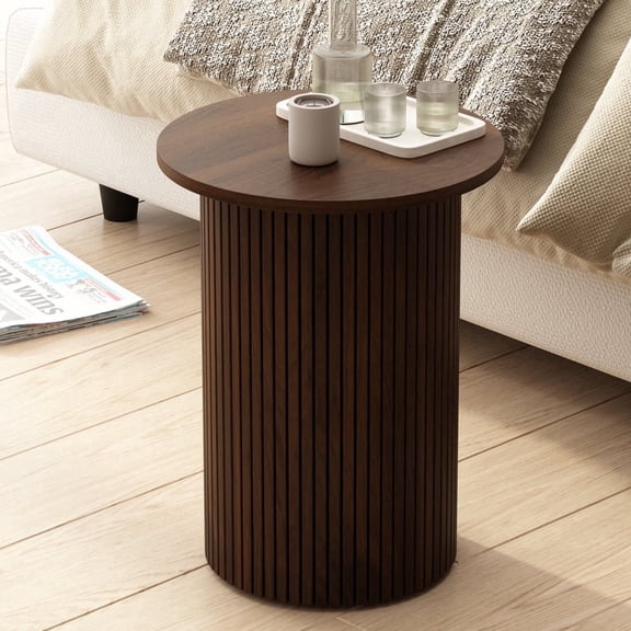 Round Side Table, Modern Fluted End Table Nightstands, Sofa Table with Pedestal Base for Living Room Bedroom, Walnut