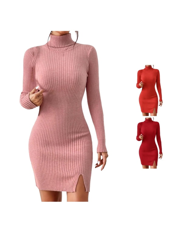 Fall Sweater Dress Women Turtleneck Ribbed Knit Long Sleeve Split Hem Bodycon Mini Dress Multi Colors 1 Pack S-XXL Plus Size Friendly