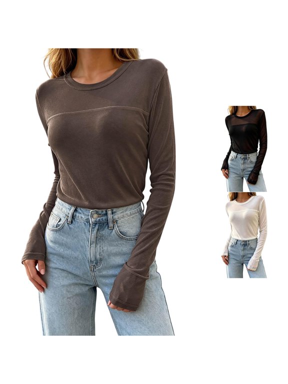 Fashion Mesh Base Layer Top – Slim Fit Sheer Casual Tee for Women, Stretchy See Through Layering Shirt, Soft Versatile Everyday Blouse with Mesh Detail