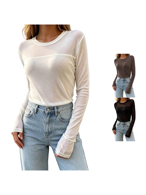 Fashion Mesh Base Layer Top – Slim Fit Sheer Casual Tee for Women, Stretchy See Through Layering Shirt, Soft Versatile Everyday Blouse with Mesh Detail