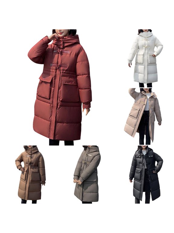 Long Winter Coats for Women, Hooded Puffer Coat, Frog‑Button Quilted Outerwear, Knee‑Length Loose Thermal Jacket, M‑XXXL, Plus Size Friendly Casual Winter Apparel