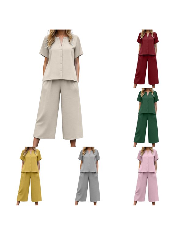 Pant Suits For Women, Button‑Up Short Sleeve V‑Notch Top & Cropped Wide‑Leg Culottes Two‑Piece Outfit, Dressy Casual Matching Set, Multi‑Color Options, S‑XXL, Plus Size Friendly