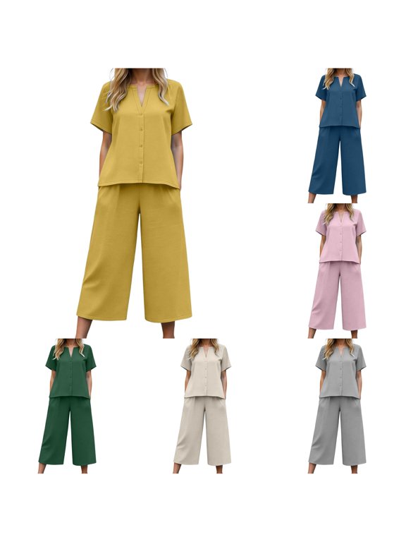 Pant Suits For Women, Button‑Up Short Sleeve V‑Notch Top & Cropped Wide‑Leg Culottes Two‑Piece Outfit, Dressy Casual Matching Set, Multi‑Color Options, S‑XXL, Plus Size Friendly