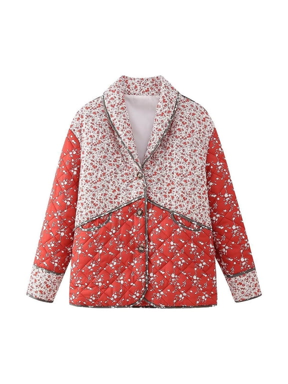 Quilted Jackets For Women, Floral Patchwork Winter Coat, Notched Lapel Button‑Front Womens Quilted Coat, Relaxed Fit Outerwear, XS‑L