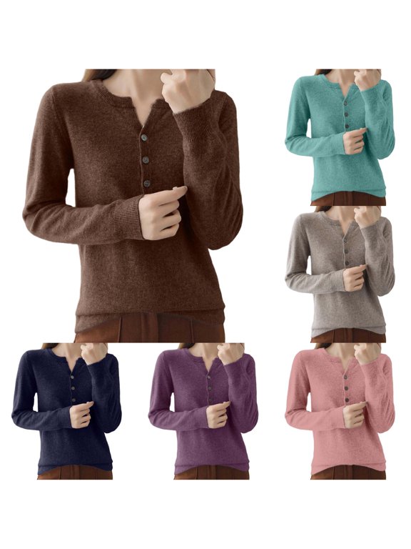 Sweaters For Women, Fall Sweaters For Women, Henley V‑Neck Knit Pullover Sweater, Button Placket Long Sleeve Terylene Knit Tops S‑XXL Plus Size Friendly