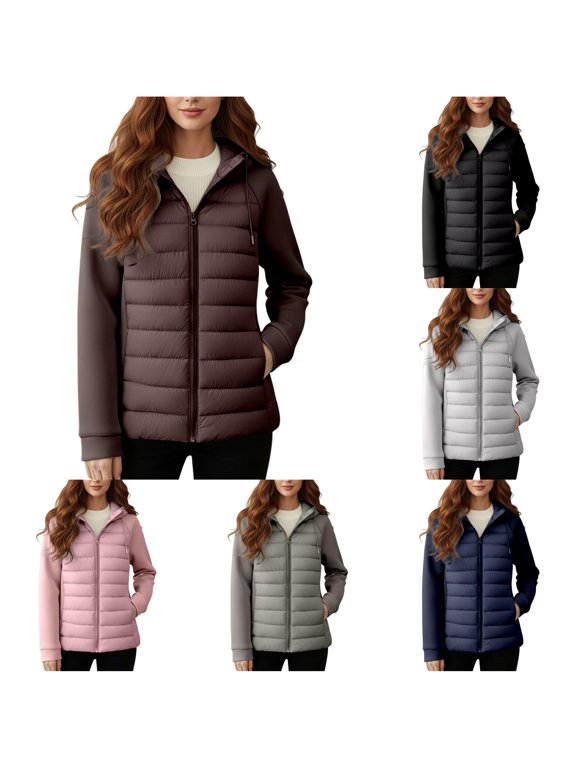 Winter Coats for Women, Hooded Spliced Fabric Quilted Puffer Jacket, Zip‑Up Slim Fit Hybrid Winter Outerwear with Side Pockets, M‑XXL, Plus Size Friendly