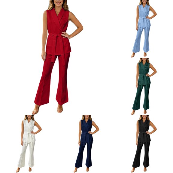 Piebxs Women 2 Piece Business Pant Suit, Sleeveless Notched Lapel Vest With Tie Belt, High Waist Flare Trouser Matching Set, Solid Formal Office Outfit, S-XL True To Size