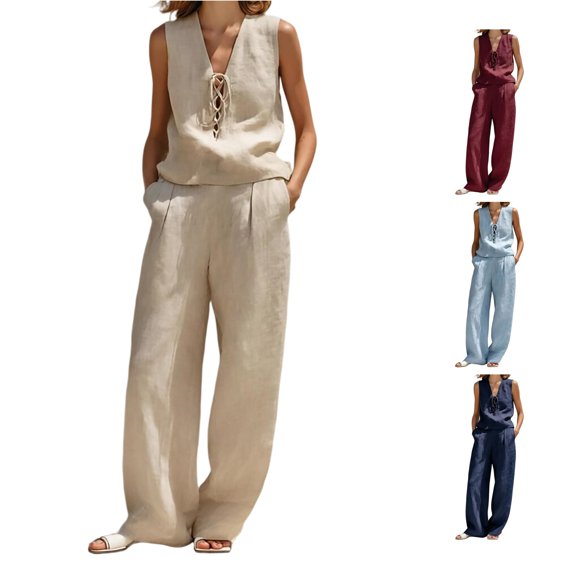 Piebxs Women 2 Piece Linen Feel Outfits Sleeveless Lace Up V Neck Vest & High Waist Pleated Wide Leg Pants Casual Summer Vacation Pant Suit S-XXXL Plus Size Friendly True To Size