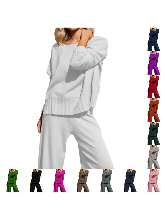 Women Knit Two Piece Outfit, Boat Neck Pleated Hem Sweater Top & High Waist Wide Leg Pants Elegant Loungewear Solid Color Multiple Shades S To 5XL Plus Size Friendly True To Size