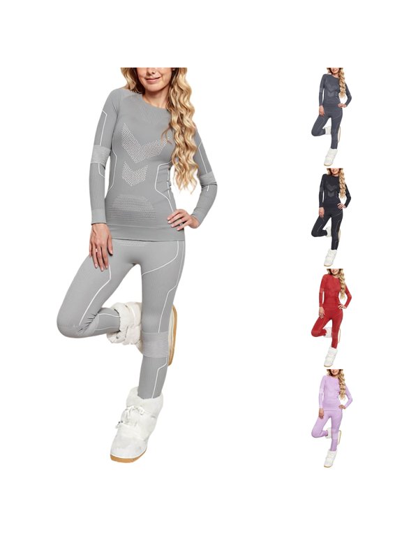 Women Seamless Thermal Base Layer Set, Moisture Wicking Ski Underwear Long Sleeve Top & High Waist Leggings Cold Weather Athletic Outfit S-XXL Plus Size Friendly True To Size
