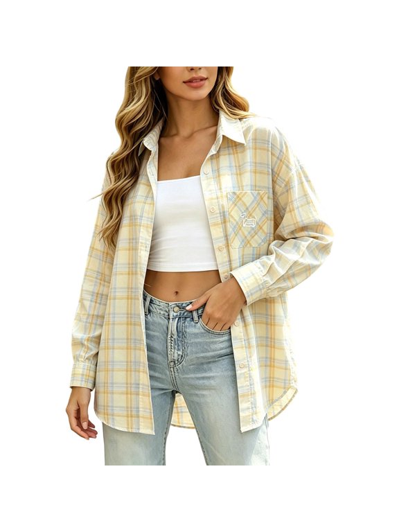 Women's Casual Yellow Grid Shirt – Loose Fit Long Sleeve Button Down Tunic Top, Lightweight Woven Layering Blouse, Everyday Wear Versatile Comfortable Shirt