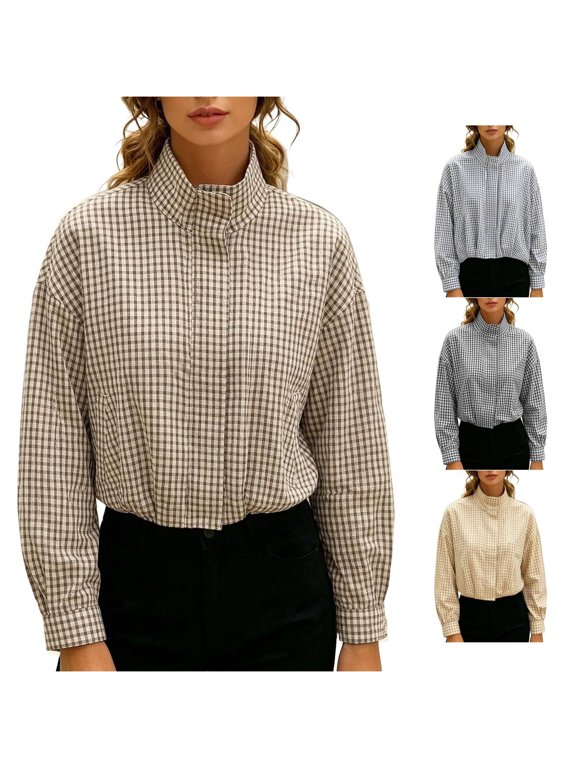 Women's Casual Zip Up Cropped Jacket with Stand Collar Puff Sleeve Pleated Textured Outerwear for Daily Wear