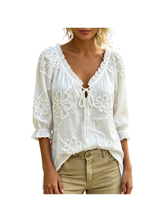Women's Pure Knit Embroidered Blouson Top, Ruffle Flowy Short Sleeve Relaxed Fit Comfort Knitwear