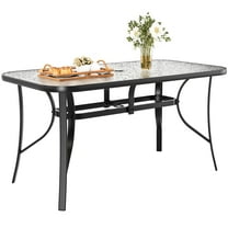 Piecart Outdoor Dining Table with Umbrella Hole, Rectangular Glass Patio Table, Patio Table for Outside, Garden, Balcony, Black