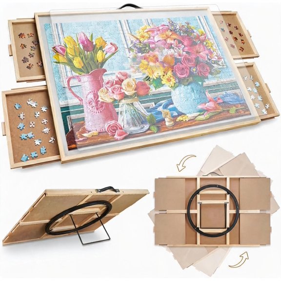 Piece 2-in-1 Tilting and Rotating Puzzle Board 34.25" x 25.20" Adjustable Angle 4 Drawers Clear Protective Cover Iron Color