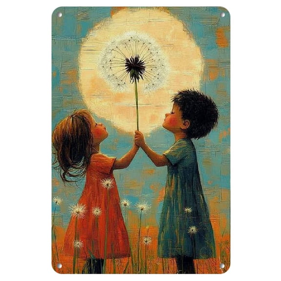 A Piece of 2D Metal Wall Art Featuring Two Children, a Vintage Iron Sign Suitable for Home, Kitchen, Garden, Bedroom, Bar, And Aesthetic Art Decoration, Measuring 8X12 Inches.