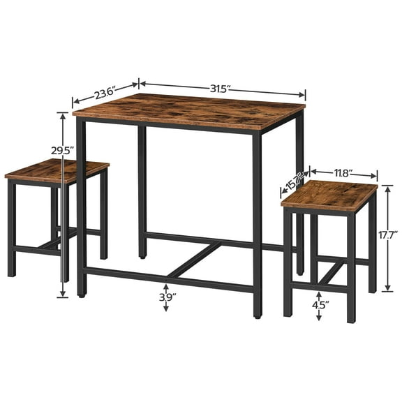 Piece Industrial - Style Bar Table Set with Rectangular Table, 2 Square Stools, Rustic Brown Tabletop, Black Metal Frame and LED Lighting