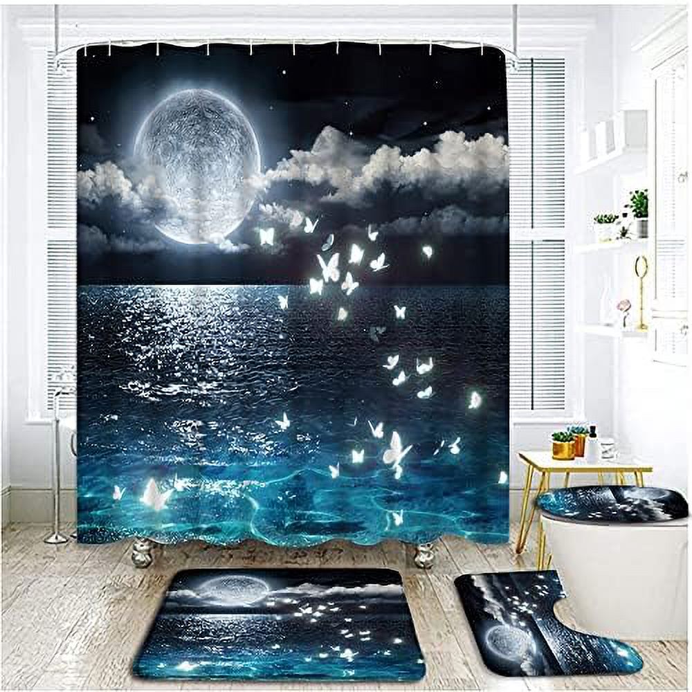 Piece Moon Phase Butterfly Shower Curtain Sets with Rugs Toilet Lid